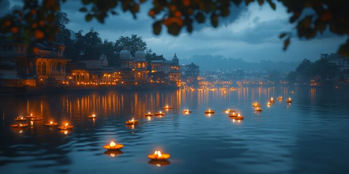 Tranquil river scene with floating diyas, shimmering reflections, softly illuminated skyline at dusk
