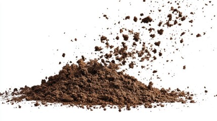 A pile of scattered soil flying through the air, isolated on a white background, showing dirt in motion