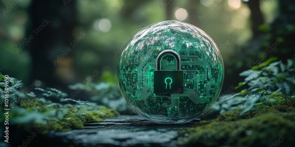 Poster secure digital sphere, a clear globe protected by a digital lock, intricate green circuits illuminat