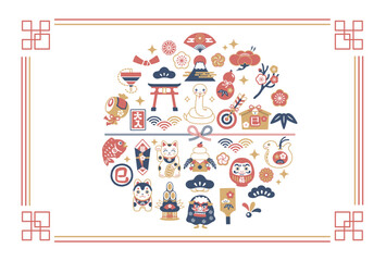 2025年巳年と縁起物の年賀状テンプレート