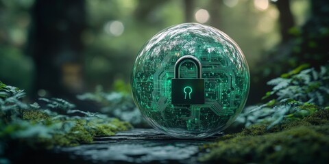 Secure Digital Sphere, a clear globe protected by a digital lock, intricate green circuits illuminated in a dark environment