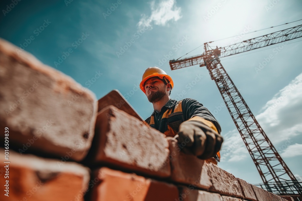 Poster Worker on site, looking down at something, Use in architecture or construction projects.