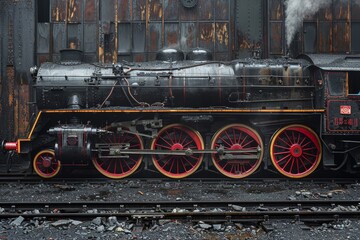 Naklejka premium Vintage steam locomotive with distinct red wheels on rails, showcasing classic black design