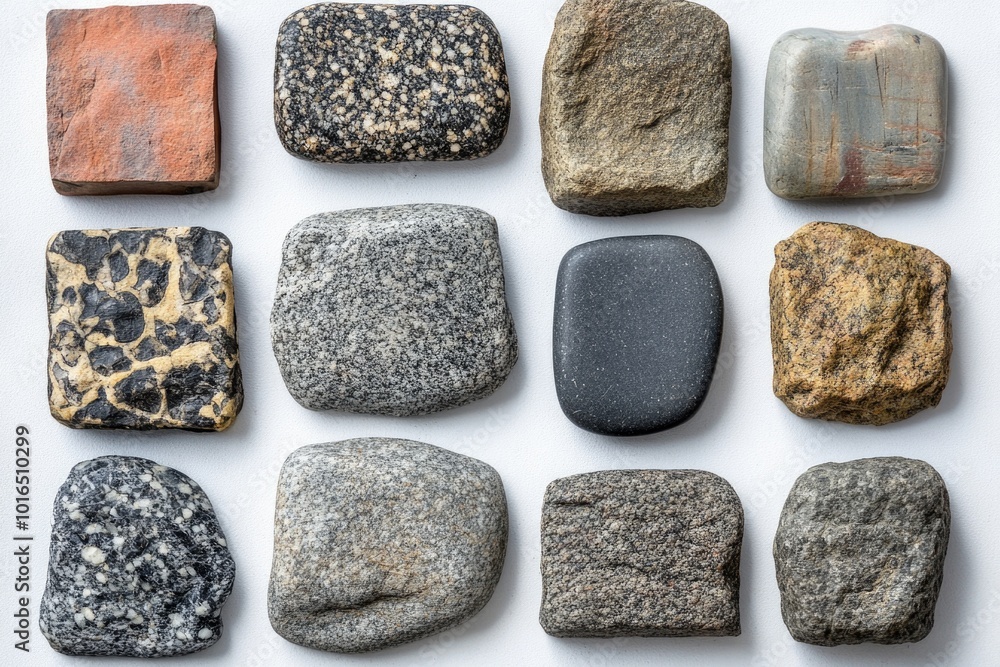 Poster a collection of rocks situated on a smooth, white surface.