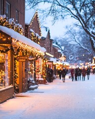 Fototapeta premium Charming Winter Evening on a Snow-Covered Street with Festive Shops and People