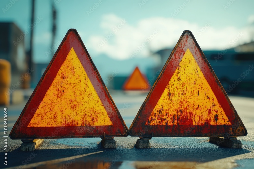 Poster two triangular signs sit atop a road, providing navigation guidance.