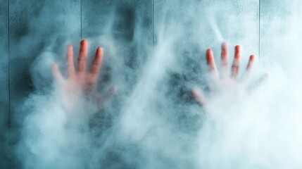 Two hands are pressed against a misty glass surface, evoking a sense of separation and mystery, blending human touch with foggy abstraction in a striking image.