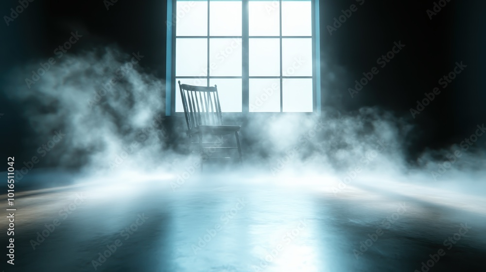 Poster a solitary rocking chair sits in a dimly lit room, surrounded by ethereal fog and illuminated by sun
