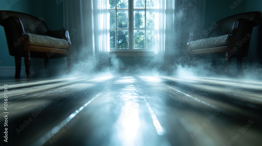 Poster mystical scene featuring a fog-laden floor with two armchairs on either side of a bright window, cre