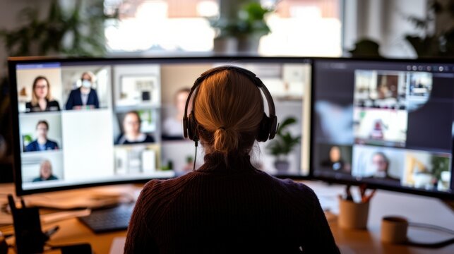 Inspiration f&uuml;r Remote-Arbeit: Konzentrierter Mitarbeiter in virtueller Telefonkonferenz mit Kopfh&ouml;rern