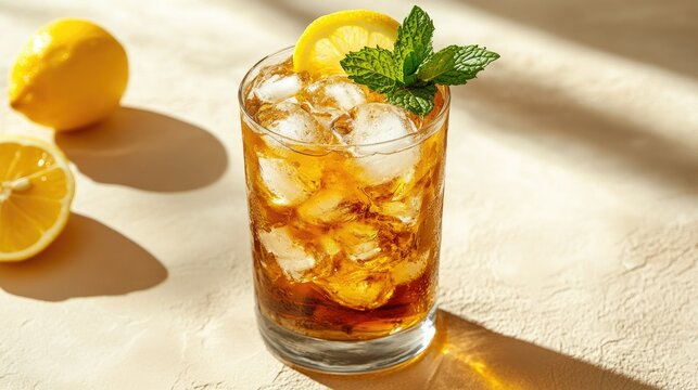 A refreshing Long Island iced tea cocktail with ice, garnished with a lemon slice and mint, showcased on beige.