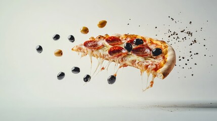 An action shot of a pepperoni pizza slice in mid-flight, adorned with vibrant olives and gooey cheese, beautifully captured against a stark white backdrop for a fun and engaging visual.