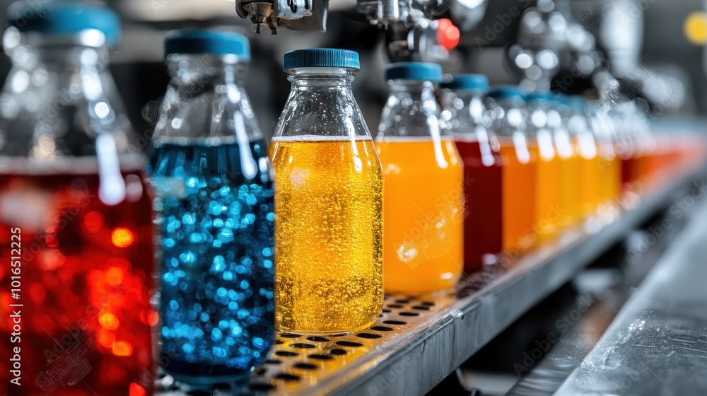 Poster a closeup view of sparkling colorful beverage bottles on a conveyor line at a factory, showing the i