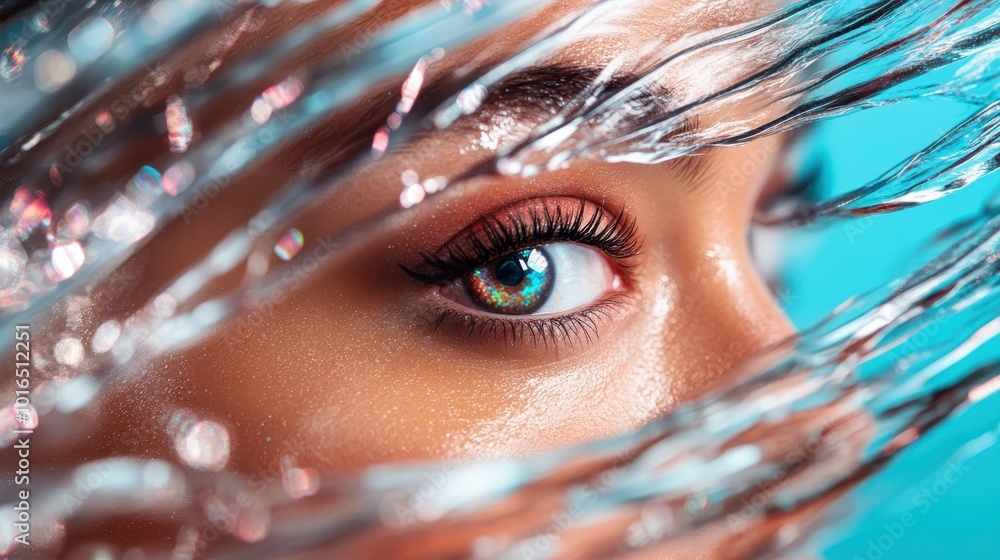 Poster a close-up image featuring a singular eye adorned with shimmering makeup and surrounded by strands o