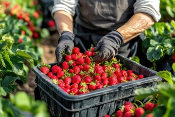 A person collecting fresh strawberries in a sunny outdoor setting.