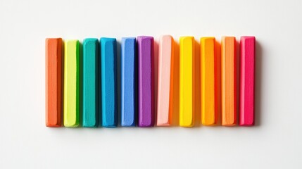 A row of chalk sticks in various bold colors arranged neatly on a white background, emphasizing their bright, pastel shades