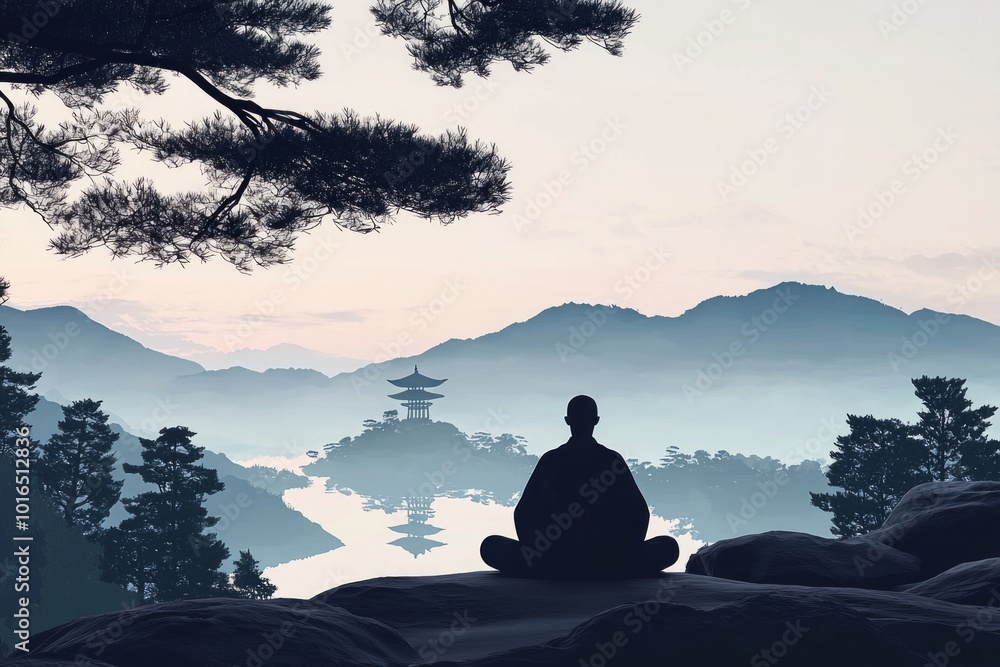 Wall mural a silhouette of a monk meditates in a minimalist japanese zen style with a landscape background.