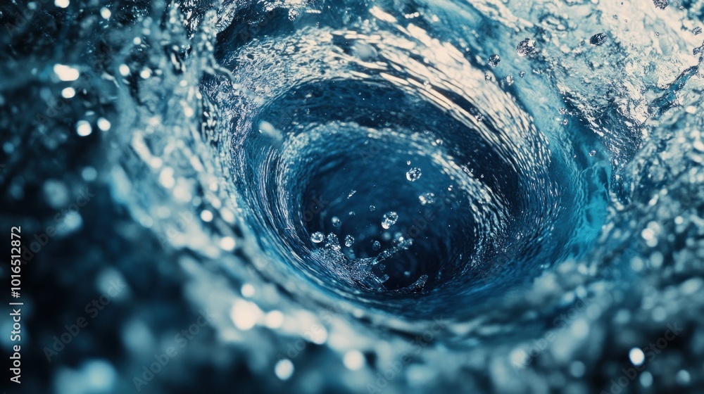 Poster a close-up view of swirling water, creating a vortex effect with bubbles and ripples.
