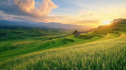 Obraz premium Serene rice terraces cascading down a hillside, glowing golden under the soft light of sunrise