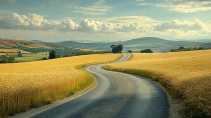 A rural road winding through golden barley fields, with distant hills under a bright summer sky.