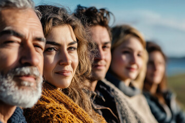Side profile of diverse multi-generational family looking forward. Group of people are standing together and looking towards future with hope. Concept of family bonds, unity and passage of time