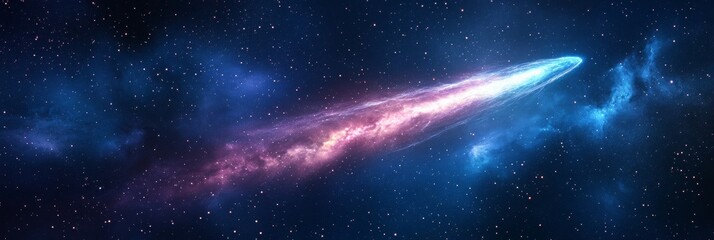 Vibrant comet soaring through a star-filled sky, celestial beauty with a softly blurred backdrop creating a mesmerizing cosmic scene