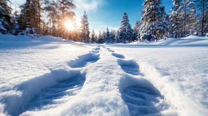 A picturesque snowy landscape featuring deep tracks winding through untouched snow in a serene forest setting with sunlight illuminating the winter scene.
