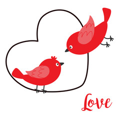 LOVE. Red birds sitting on heart sign symbol and flying. Bird in love set. Happy Valentines day. Cute cartoon kawaii funny baby character. Childish style. Flat design. White background Isolated Vector