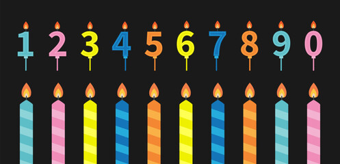 Happy Birthday candle number set. Numbers Striped burning candles with fire flame. Different bright color. Clip art elements for invitation, birthday card Black background. Isolated Flat design Vector