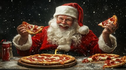 A happy Santa Claus eating pizza.