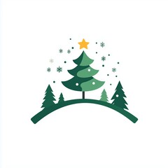 Obraz premium Simple shapes and lines of a Christmas tree on top of a hill with snowflakes around it.
