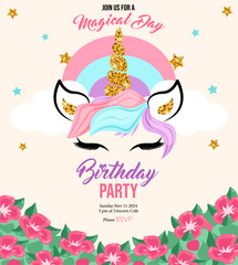Magical Unicorn Birthday Party Invitation with Glittery Horn and Floral Decorations