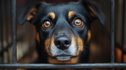 dog peers through the metal bars of cage symbolizing the plight of animals in shelters awaiting adoption highlighting the need for charity support and the compassionate work of volunteers