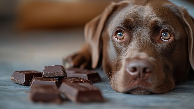 dog suffering from nausea sitting near a partially eaten chocolate toxicity and potential danger of feeding dogs,human sweets particularly chocolate which is harmful to their health.illustration