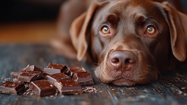 dog suffering from nausea sitting near a partially eaten chocolate toxicity and potential danger of feeding dogs,human sweets particularly chocolate which is harmful to their health.stock image