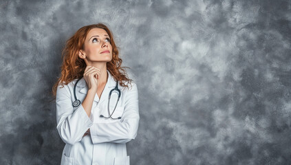 A female doctor in a white coat and stethoscope stands against a blank background, looking thoughtfully up. Ideal for healthcare-related content or professional introspection.