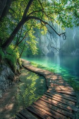 A wooden pathway through a lake