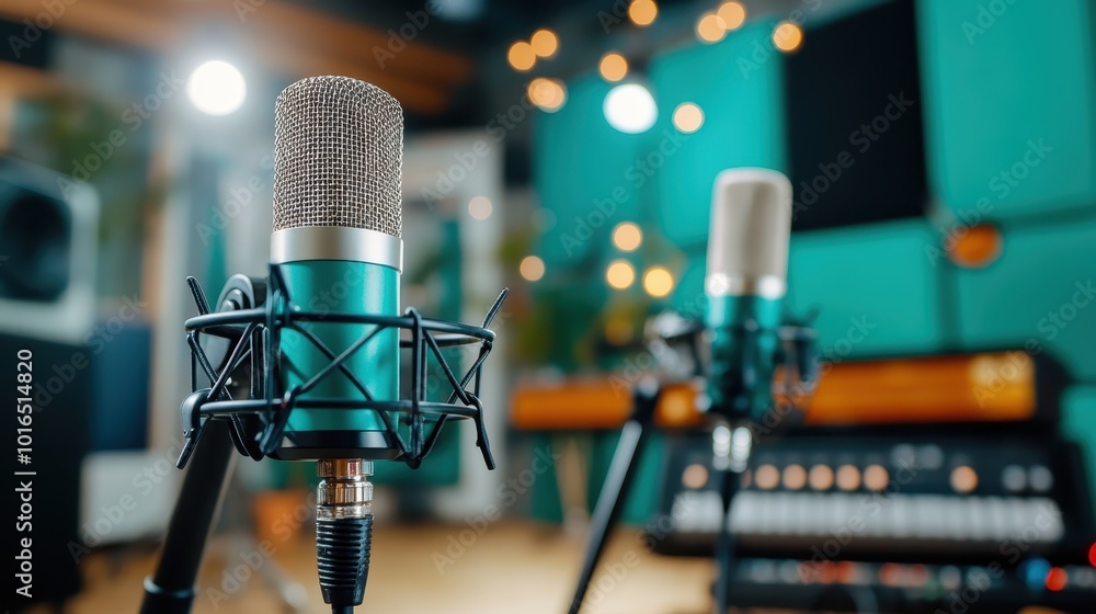 Poster a detailed view of a professional studio microphone setup with a blurred background of studio lights