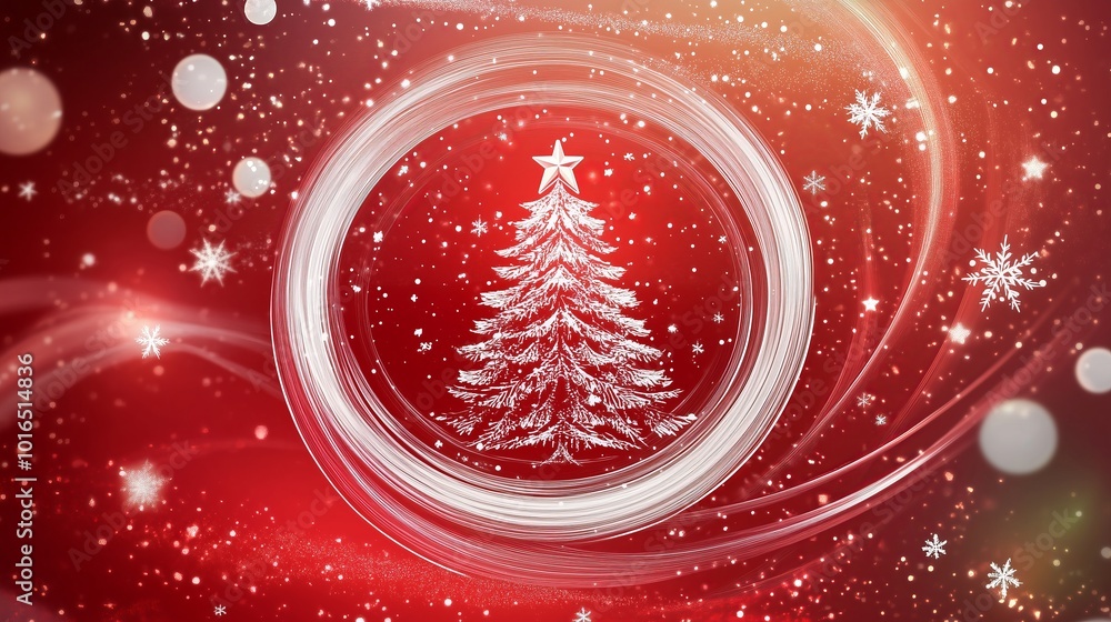 Poster a vector christmas tree in white on a red background with swirls.