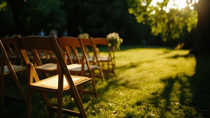 Veranstaltung im Freien mit Reihen leerer Klappst&uuml;hle auf sonnenbeschienenem gr&uuml;nen Rasen f&uuml;r Fr&uuml;hlingstreffen und Feiern