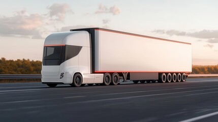 Sleek and modern truck driving on a highway during sunset, showcasing innovative design and powerful performance.