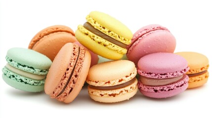 Assorted colorful macarons with delicate fillings, isolated against a white background. The image is clean and crisp, ideal for product display. Clipping path provided.f1110ab012f1