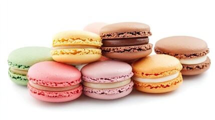 Obraz premium Assorted colorful macarons with delicate fillings, isolated against a white background. The image is clean and crisp, ideal for product display. Clipping path provided.f1110ab012f1