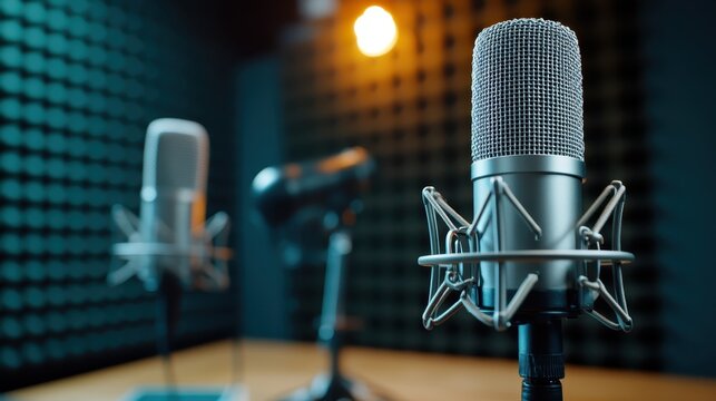 A close-up of a silver microphone placed in a soundproof studio, capturing the essence of sound recording, focus on acoustics and the art of voice capture.