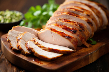 Roasted turkey breast, sliced on a cutting board served with broccoli
