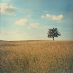 Fototapeta premium A scenic field of tall grass swaying in the wind, with a lone tree standing in the distance under a vast sky