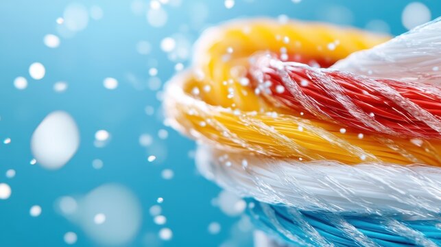 Vividly colored spiral of fibers set against a festive, soft-focus backdrop, conveying a sense of celebration, joy, and dynamic motion through bright textures.