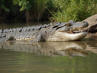 Obraz premium Crocodile Resting in a Calm Pond with Lush Greenery and Lily Pads.