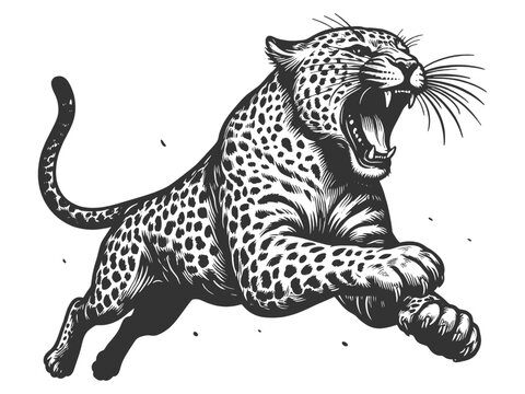 fierce leaping leopard with an open mouth, drawn in a detailed engraving style sketch engraving generative ai vector illustration. Scratch board imitation. Black and white image.