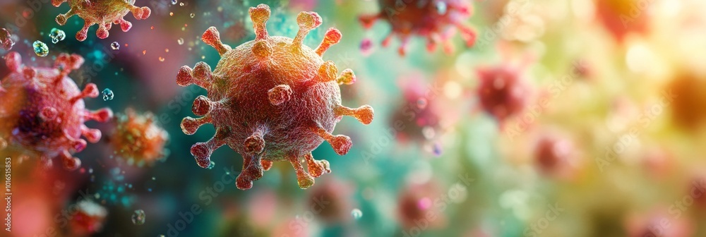 Poster dynamic depiction of pathogens in a fluid environment, intricate details highlighted, soft backgroun